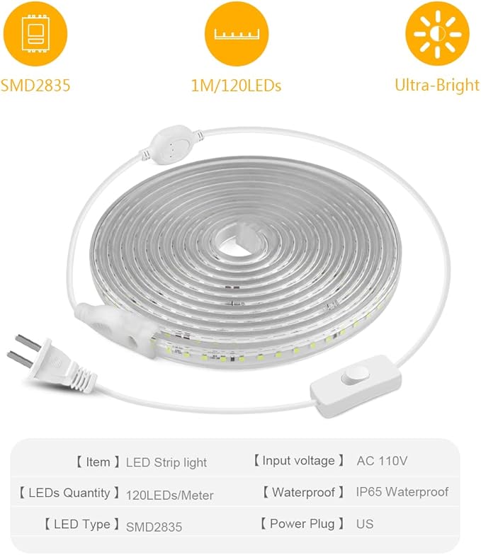 Outdoor LED Rope Light Waterproof, AC 110V,1800LEDs,3500k LED Strip Lights 15M/49.2ft Fexible LED Tape Light for Garden, Patio, Indoor Outdoor Decoration-VerdiqueGarden