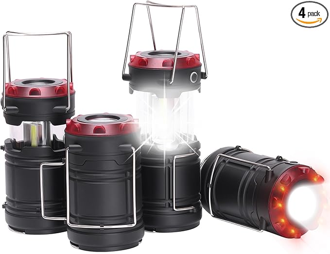 Lichamp 4 Pack Lantern Camping Essentials Lights, Battery Powered Collapsible Lanterns Flashlights with Red Strobe/SOS, Magnetic Base, for Power Outages, Hurricane, Tent Lights for Emergency-VerdiqueGarden