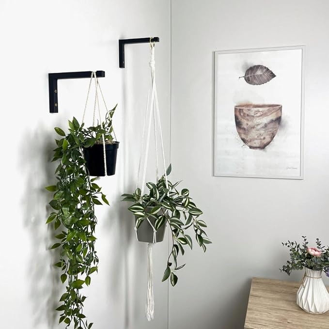 2-Piece Set of Plant Hooks for Wall 6 Inch - L-Shaped Mounted Wooden Plant Hook - Indoor and Outdoor Bracket Plant Hanger for Planters, Lanterns, Bird Feeders and Plant Basket (Black)-VerdiqueGarden