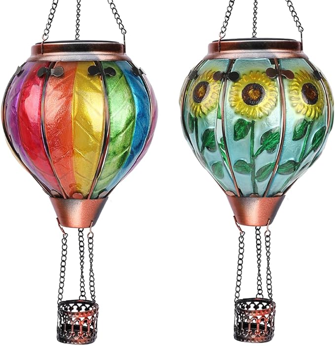 Hot Air Balloon Solar Lantern with Flickering Flame Hanging Solar Lanterns Outdoor Lights Waterproof Lanterns Decorative Garden Patio Yard Party Decor Colorful + Sunflower-VerdiqueGarden