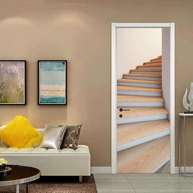 3D Door Stickers Murals - Stairs - Peel and Stick - Waterproof & Washable - Matt Finish - Modern Style - White - 37.4" x 84.6"-VerdiqueGarden
