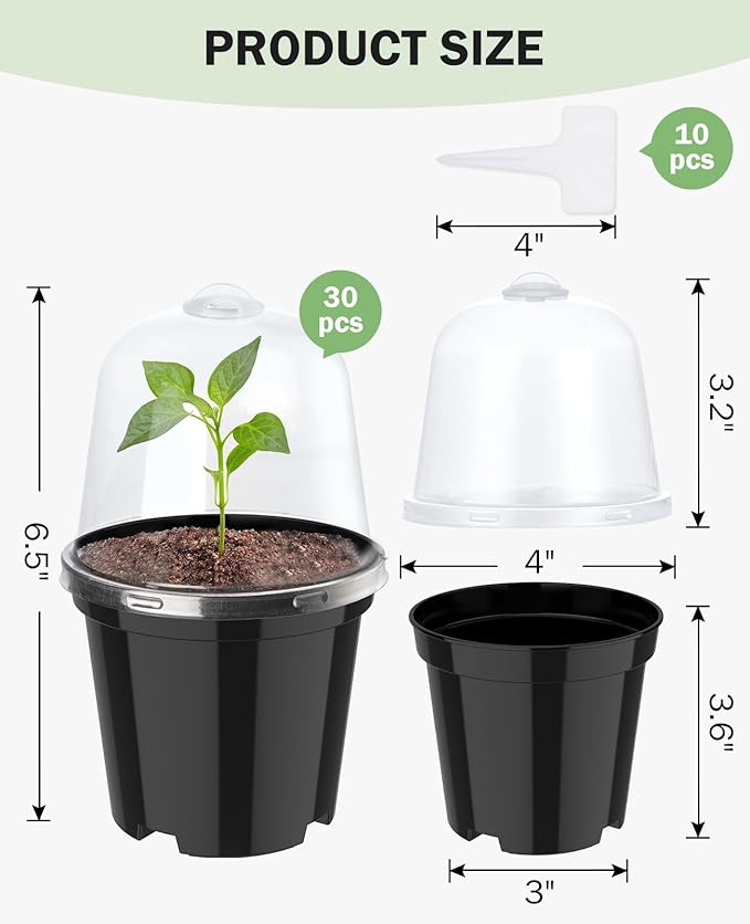 homenote Nursery Pots for Plants,4 Inch Plant Pot for Planting with Humidity Domes Plastic Seedling with Drainage Holes Seed Starter Flower with 10 Labels Black (30 Pack)-VerdiqueGarden