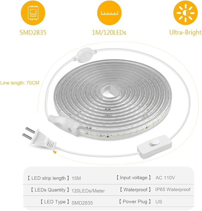 White LED Strip Lights Waterproof, AC 110V, 1800LEDs, 6500k Outdoor LED Rope Light 15M/49.2ft for Garden, Patio, Indoor Outdoor Decoration-VerdiqueGarden