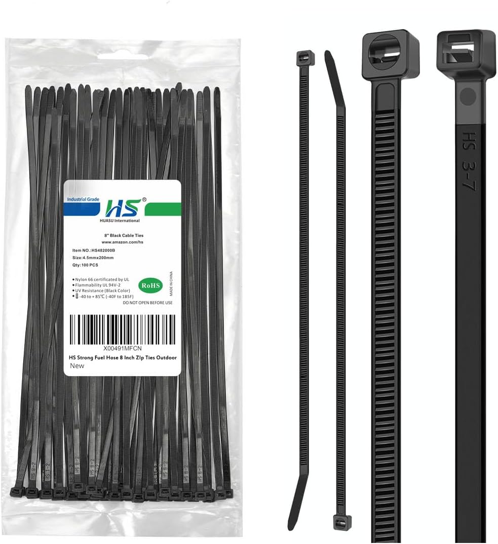 HS Strong Medium Zip Ties 8 Inch x 3/16" UV Rated Black 100 PCS Cable Zipties 50 Pounds Heavy Duty Self-Locking Strap Ties Automotive,Outdoor Fence Purpose-VerdiqueGarden