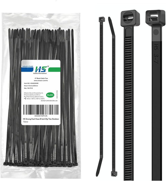 HS Strong Medium Zip Ties 8 Inch x 3/16" UV Rated Black 100 PCS Cable Zipties 50 Pounds Heavy Duty Self-Locking Strap Ties Automotive,Outdoor Fence Purpose-VerdiqueGarden