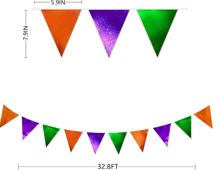 Halloween Party Decorations Metallic Fabric Green Orange Purple Triangle Pennant Banner Flag Bunting for Trick or Treat Spooky Hey Boo Happy Halloween Holiday Birthday Baby Shower Party Supplies-VerdiqueGarden