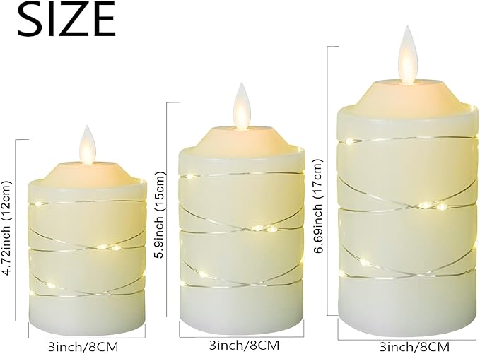 Battery Operated Flameless LED Candles: with Embedded String Lights, 3 Pack Flickering Electric Candle with 10-Key Remote Control for Seasonal Festival Celebration Real Wax(Batteries not Included)-VerdiqueGarden