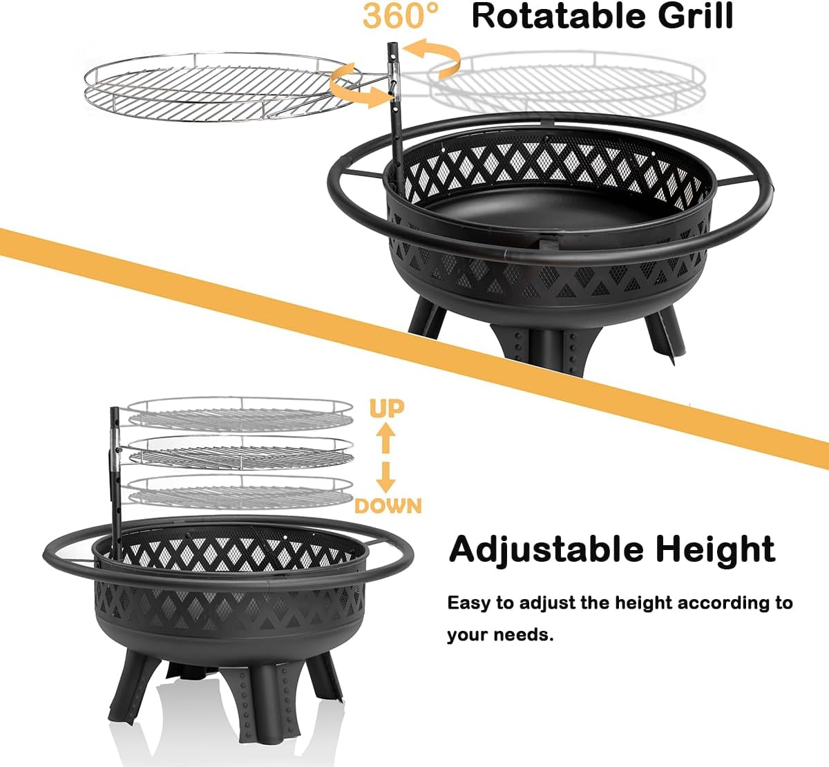 32 Inch Outdoor Fire Pit with Grill, Wood Burning Firepit for Outside with Lid/Fire Poker, Metal Round Fire Pit Table for Patio Backyard Garden Bonfire Party-VerdiqueGarden