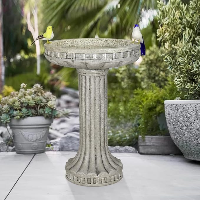 SKYFIRE 24 Inch Height Outdoor Bird Bath - Fibre Reinforced Concrete Large Bird Bath Stylish with Modern Pedestal for Garden, Patio, Lawn, Backyard - 16”W X 24”H Contemporary Birdbaths & Supports-VerdiqueGarden