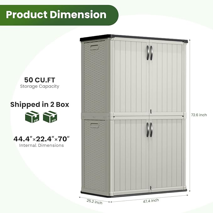 Greesum Outdoor Storage Shed Without Divider, 45 cu.ft Outdoor Waterproof Storage Cabinet for Garden Tools, Pool Storage, Garbage Cans, Beige-VerdiqueGarden