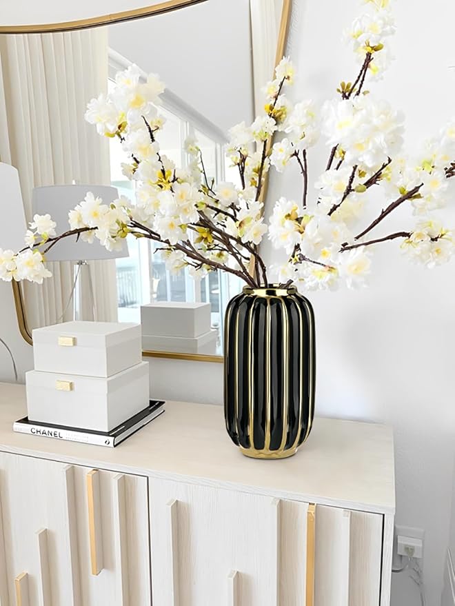 Briful Gold Plated Lantern Ceramic Vase Home Decor Creative Design Porcelain Decorative Flower Vase 11.02'' Black Ceramic Vases for Wedding Anniversary Decoration-VerdiqueGarden