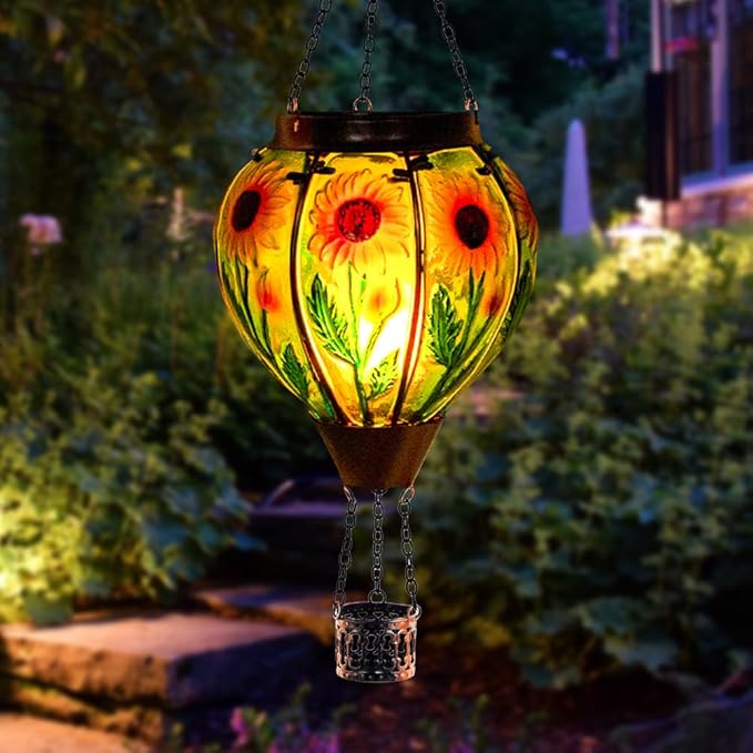 Starsoul 2 PC Sunflowers Hot Air Balloon Solar Lantern with Flame Glass Hanging Outdoor Hot Air Balloon Solar Light Waterproof Garden Patio Yard Party Decorations-VerdiqueGarden