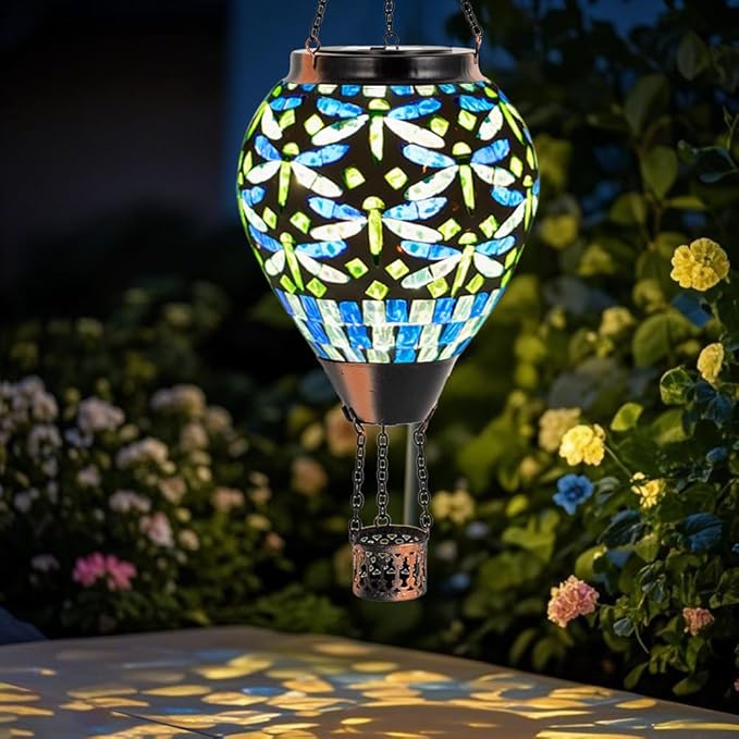 Starsoul Mosaic Dragonfly Hot Air Balloon Solar Lantern Glass Outdoor Hanging Hot Air Balloon Solar Flickering Flame Light Waterproof Garden Patio Yard Party Decorations-VerdiqueGarden