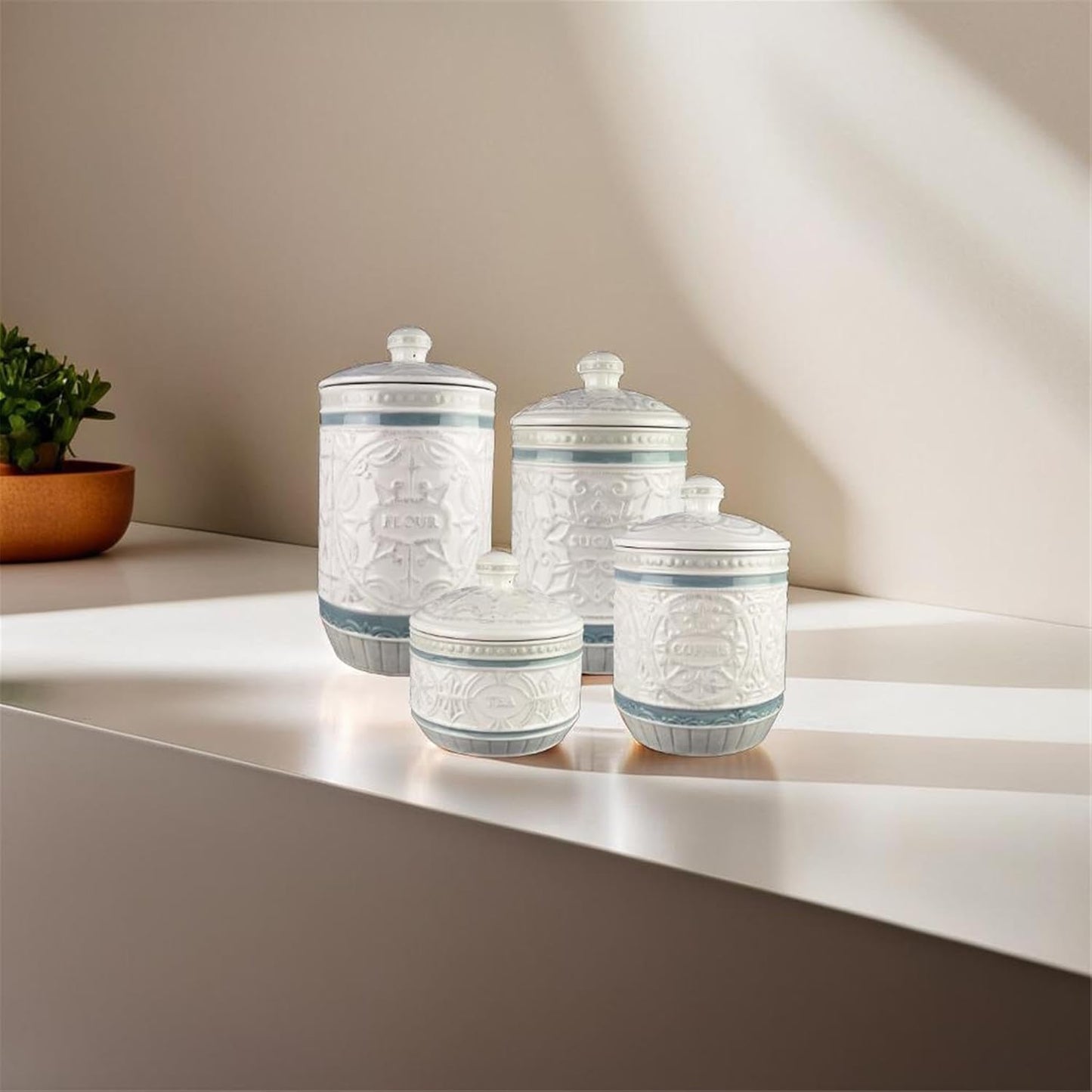 Young's Inc. 4 Pcs Set Casual Provincial Ceramic Canisters- Storage Container for Kitchen and Bathroom - Beautiful Home Decor Accent to Store Food, Coffee, Tea, and More - Green, White-VerdiqueGarden