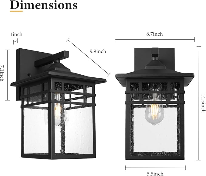 Outdoor Light Fixture Wall Mount, Black Exterior Light Fixture Wall Sconces with Seeded Glass for Front Porch, 9 Inch Large Waterproof Outdoor Square Wall Lantern Outside for House Doorway-VerdiqueGarden
