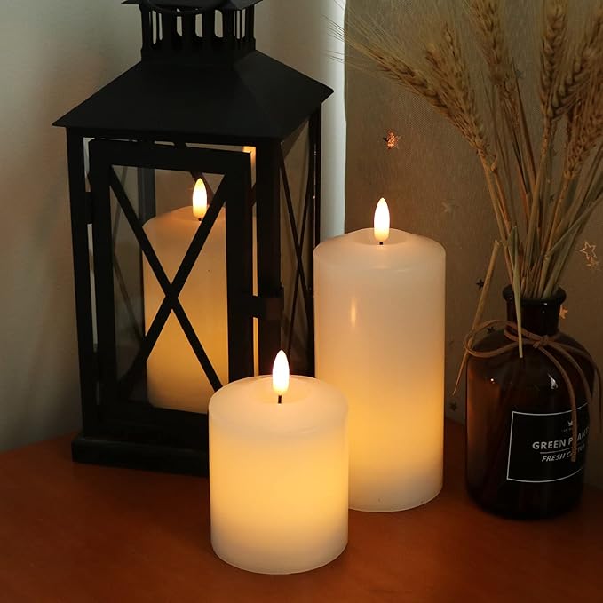 Battery Operated Flameless Candles with 3D Flickering Flame Wick, LED Pillar Candles with Remote Timer, Pack of 3 Real Wax Candles for Wedding Home Decor(White)-VerdiqueGarden