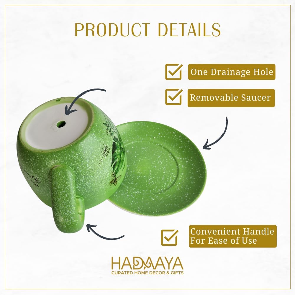 7.5" Ceramic Teacup Planter Pot with Saucer | Ideal for Succulents, Orchids, Herbs & Flowers | Indoor & Outdoor Use | Thoughtful Gift for Birthday or Wedding & More - Green - Palm Leaves-VerdiqueGarden