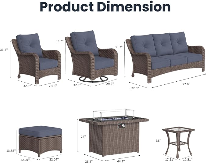 10 Pieces Outdoor Patio Furniture Sets with Rocking Swivel Chairs with 6-inch Thick Cushion and Fire Pit Table for Deck Lawn-VerdiqueGarden