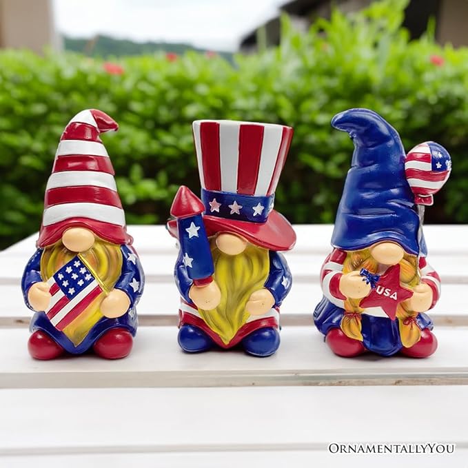Spring & Summer-Themed Garden Statues – Adorable Outdoor Decor for Lawn, Patio & Porch (Patriotic Gnome Trio Figurines, 6" Set of Three Garden Statues and July 4th Decoration)-VerdiqueGarden