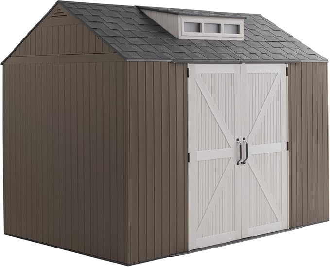 Rubbermaid Extra Large Resin Outdoor Storage Shed With Floor (7 x 10.5 Ft.) Weather Resistant Brown Organization for Home/Lawn Mower/Backyard Equipment/Bike Storage/Pool Supplies-VerdiqueGarden