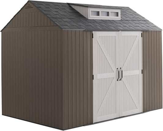 Rubbermaid Extra Large Resin Outdoor Storage Shed With Floor (7 x 10.5 Ft.) Weather Resistant Brown Organization for Home/Lawn Mower/Backyard Equipment/Bike Storage/Pool Supplies-VerdiqueGarden