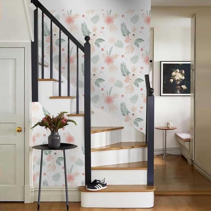 Neutral Green Leaves Pink Poppy Floral Peel and Stick Wallpaper Self Adhesive Removable Easy Peel Off Stick on Wall Paper for Bedroom Cabinet Renter-VerdiqueGarden