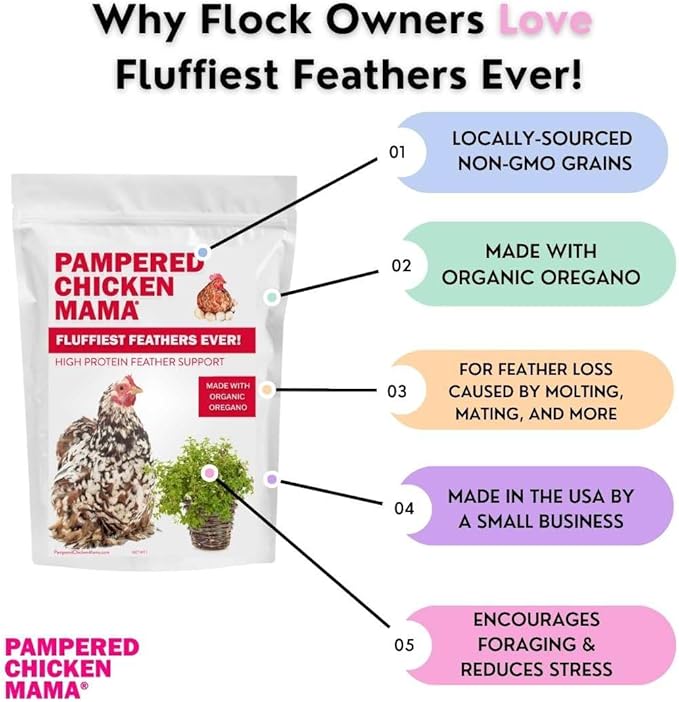 Pampered Chicken Mama Backyard Chicken Molting Supplement: Fluffiest Feathers Ever Backyard Chicken Feed and Supplies for Hens (6 Pound Economy Size)-VerdiqueGarden