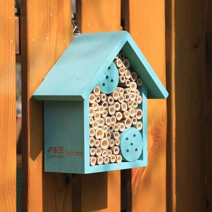 Mason Bee Houses Outdoor Wooden Blue Bee Hotel for Garden and Yard Hand-Made Bamboo Bee Hive for Bees Butterflies and Ladybugs, Medium Size 8"x7.5"x5"-VerdiqueGarden