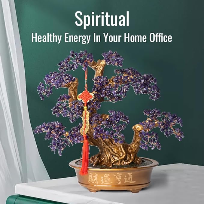 Natural Amethyst Gemstone Crystal Bonsai Tree of Life （1,350 Gemstone Count） Large Feng Shui Money Chakra Tree for Luck and Wealth Desk Decoration 20 Inches-VerdiqueGarden