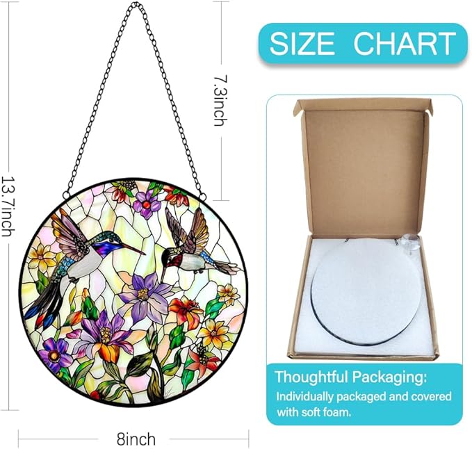 Hummingbird Suncatcher Stained Glass Window Hanging - Bird and Flowers Suncatchers for Windows - Sun Catchers Indoor Window Wall Art Home Decor Panel - Hummingbird Gifts for Women Men Mom Bird Lovers-VerdiqueGarden