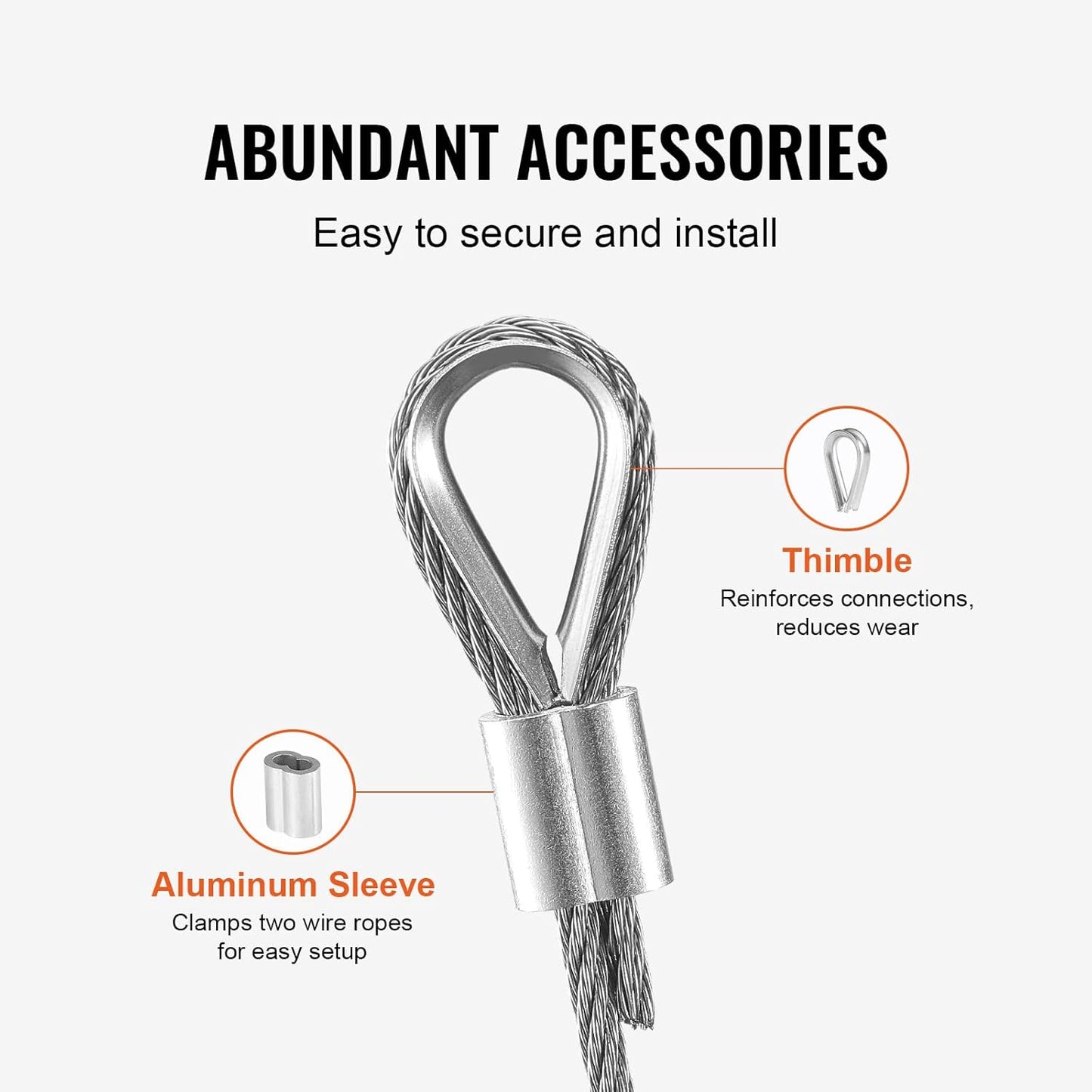 VEVOR 1/8 Stainless Steel Cable, 1/8 Wire Rope, 100 FT 316 Cable Wire 20 Sleeves & 10 Thimbles, 1600 lbs Breaking Strength, 7x7 Strands Marine Aircraft Grade for Handrail Stair Decking Fence Outdoors-VerdiqueGarden