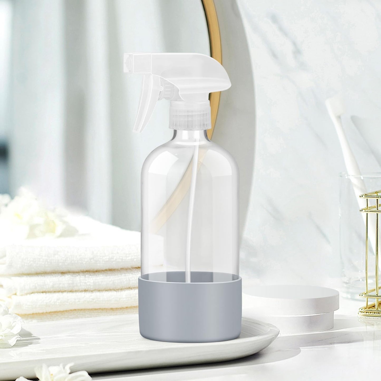 Glass Spray Bottles with Silicone Sleeve Protection, Empty 16 oz Refillable Containers, Reusable Spray Bottles with Adjustable Nozzle for Hair, Cleaning Solutions, 3 Pack Grey-VerdiqueGarden