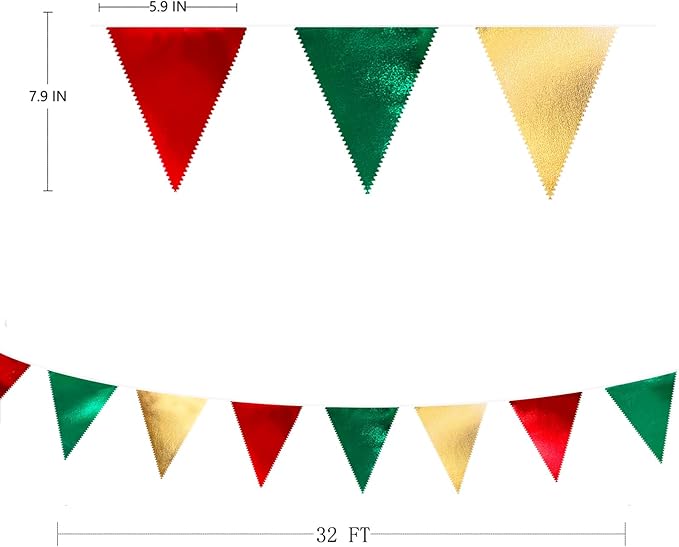 Christmas Party Decorations Triangle Pennant Banner Flag Red Green Gold Metallic Fabric Bunting Garland for Xmas Holiday Wedding Bridal Shower Birthday Bachelorette Graduation New Year Party Supplies-VerdiqueGarden
