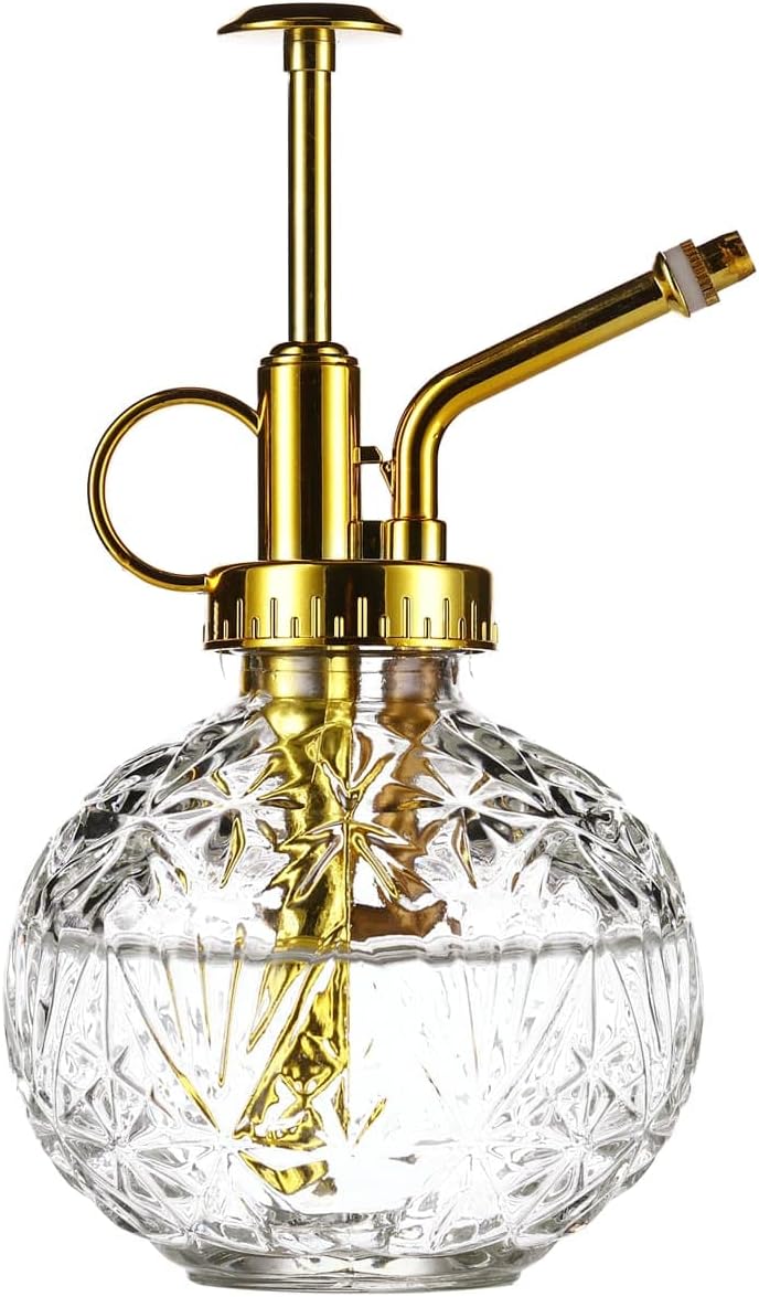 Glass Plant Mister Spray Bottle, 6.5" Clear Glass Water Spray Bottle with Gold Top Pump Small Watering Can, Small Plant Sprayer Mister for Indoor Outdoor House(Clear+Gold E)-VerdiqueGarden