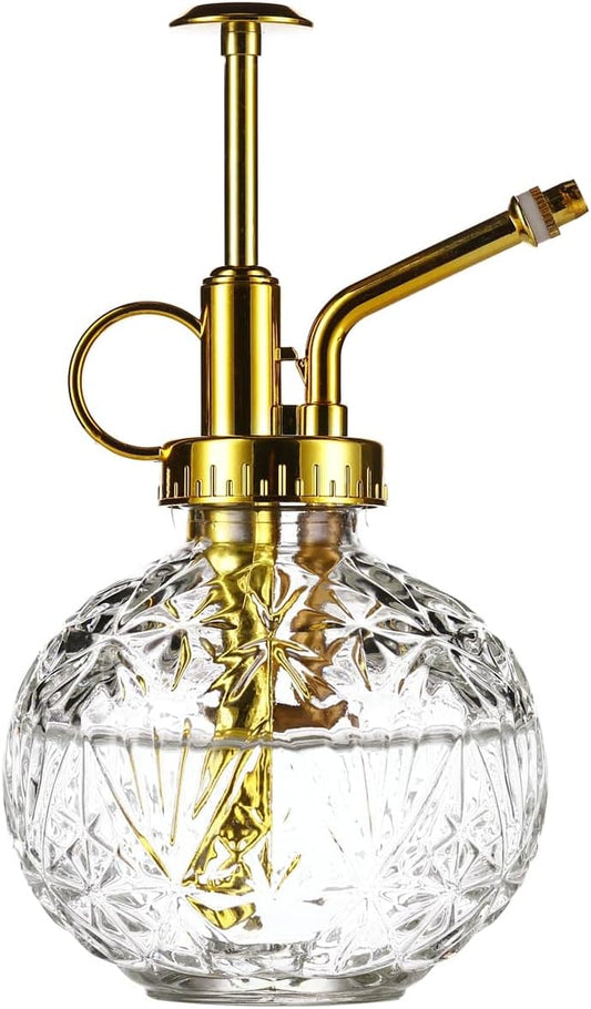 Glass Plant Mister Spray Bottle, 6.5" Clear Glass Water Spray Bottle with Gold Top Pump Small Watering Can, Small Plant Sprayer Mister for Indoor Outdoor House(Clear+Gold E)-VerdiqueGarden