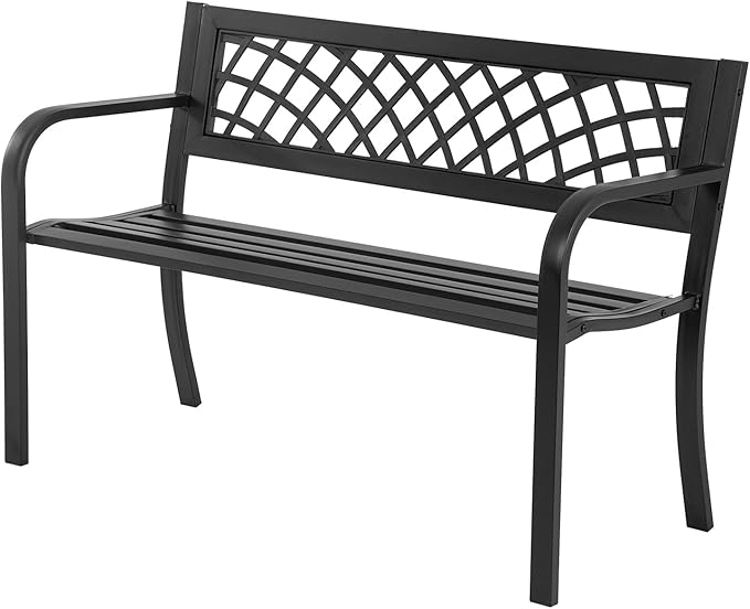 Garden Bench,Outdoor Benches,Iron Steel Frame Patio Bench with Mesh Pattern and Plastic Backrest Armrests for Lawn Yard Porch Work Entryway,Black-VerdiqueGarden