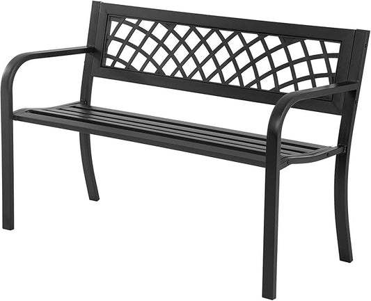 Garden Bench,Outdoor Benches,Iron Steel Frame Patio Bench with Mesh Pattern and Plastic Backrest Armrests for Lawn Yard Porch Work Entryway,Black-VerdiqueGarden