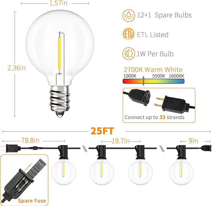 Svater Outdoor String Lights LED 25 FT, Patio Globe Lights with 13 Plastic G40 Bulbs, Waterproof Dimmable Outside Hanging Light for Backyard Bistro Cafe Porch Party Decor, 2700K Warm White-VerdiqueGarden