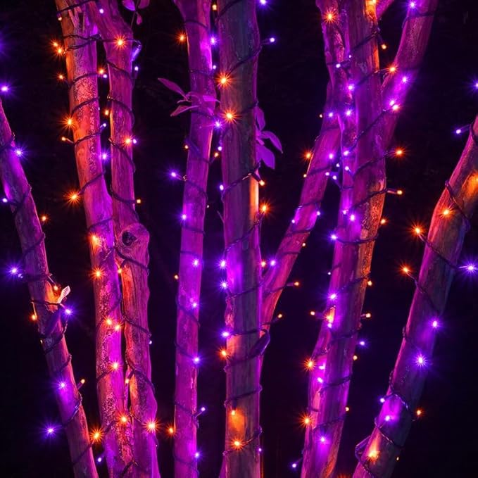 2 Pack 200 LED Solar Halloween Lights Outdoor Waterproof, Solar String Lights for Outside, Solar Tree Light with 8 Lighting Modes for Xmas Party Garden Yard Halloween Decorations (Orange and Purple)-VerdiqueGarden