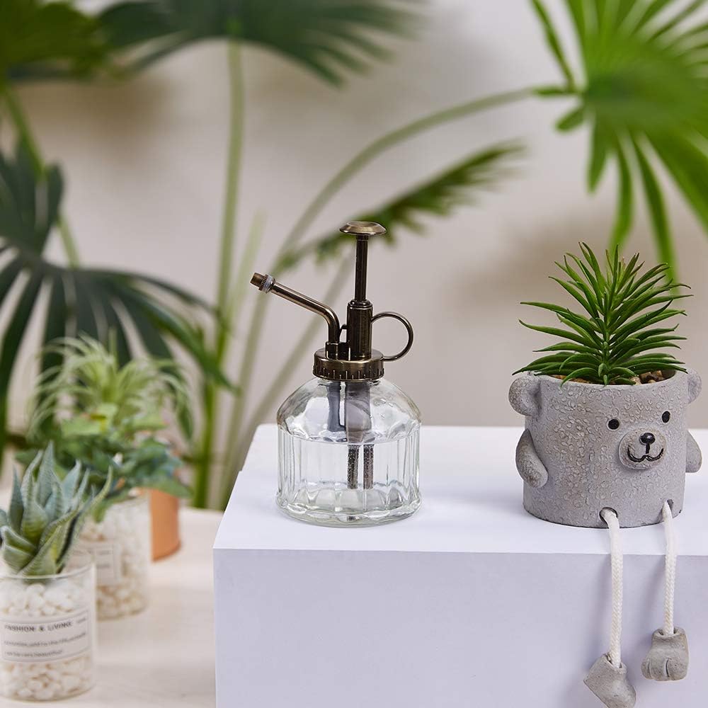 Glass Plant Mister Spray Bottle, 6.5" Tall Vintage Plant Water Spritzer Sprayer, Succulent Watering Bottle with Top Pump, Small Glass Watering Can for Indoor Outdoor Houseplant - Clear-VerdiqueGarden