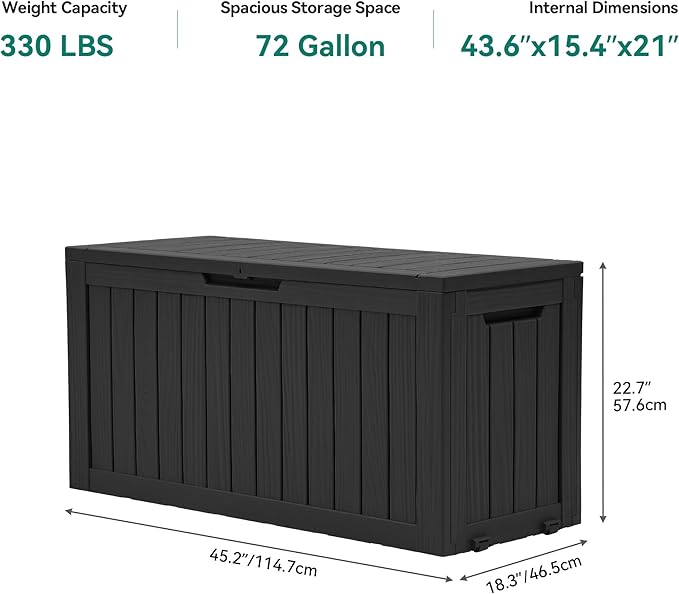 YITAHOME 72 Gallon Outdoor Resin Deck Box with Wheels, Pool Storage Box for Outdoor Cushions, Sports Equipment, Garden Tools, Black-VerdiqueGarden