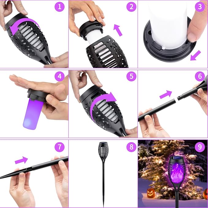 8Pack Halloween Decorations Outdoor, Halloween Solar Lights with Purple Flame for Halloween Decor, Waterproof Halloween Lights Outdoor, Solar Pathway Lights for Lawn Outside Halloween Yard Decorations-VerdiqueGarden