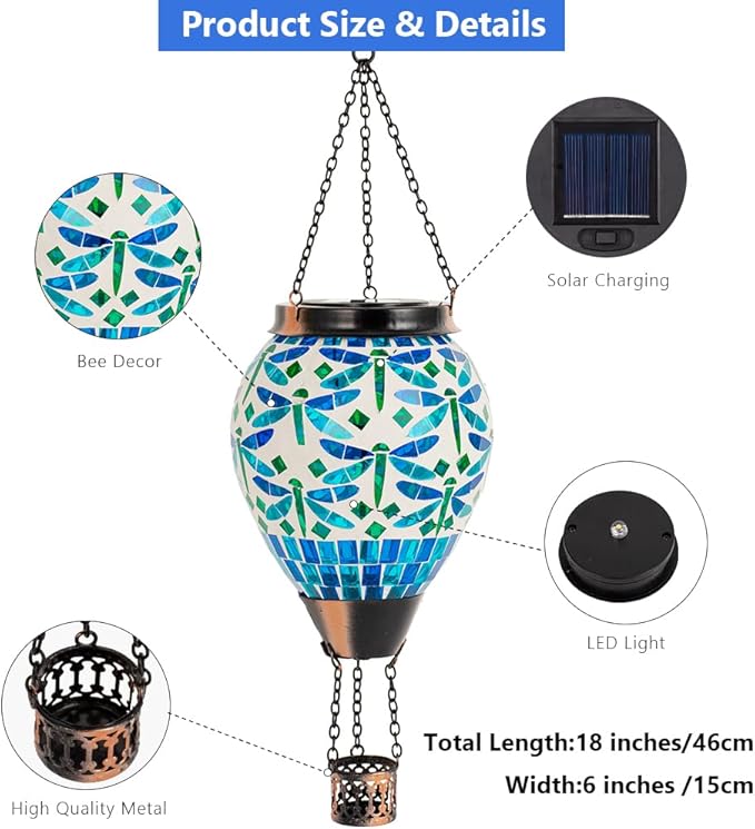Starsoul Mosaic Dragonfly Hot Air Balloon Solar Lantern Glass Outdoor Hanging Hot Air Balloon Solar Flickering Flame Light Waterproof Garden Patio Yard Party Decorations-VerdiqueGarden