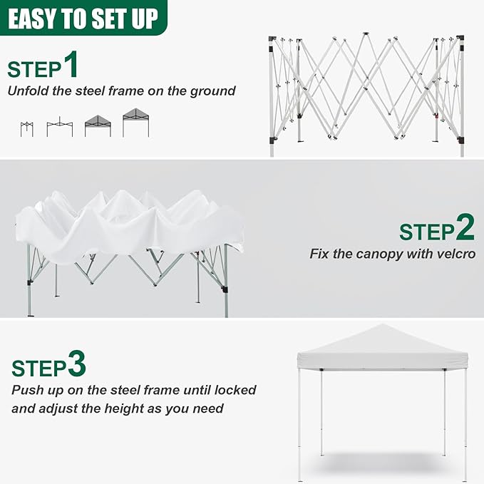10x10ft Pop Up Canopy Tent,Heavy Duty Waterproof Folding Tent for Camping Parties Events Parties,Outdoor Canopy,Portable Sun Shelter,3 Adjustable Height(White)-VerdiqueGarden