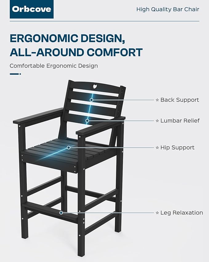 Tall Adirondack Chairs Set of 4, HDPE Wood Balcony Adirondack Chairs Set with Heart Cutout Design, Weather-Resistant Bar Height Furniture for Deck, Porch, Pool (Black)-VerdiqueGarden