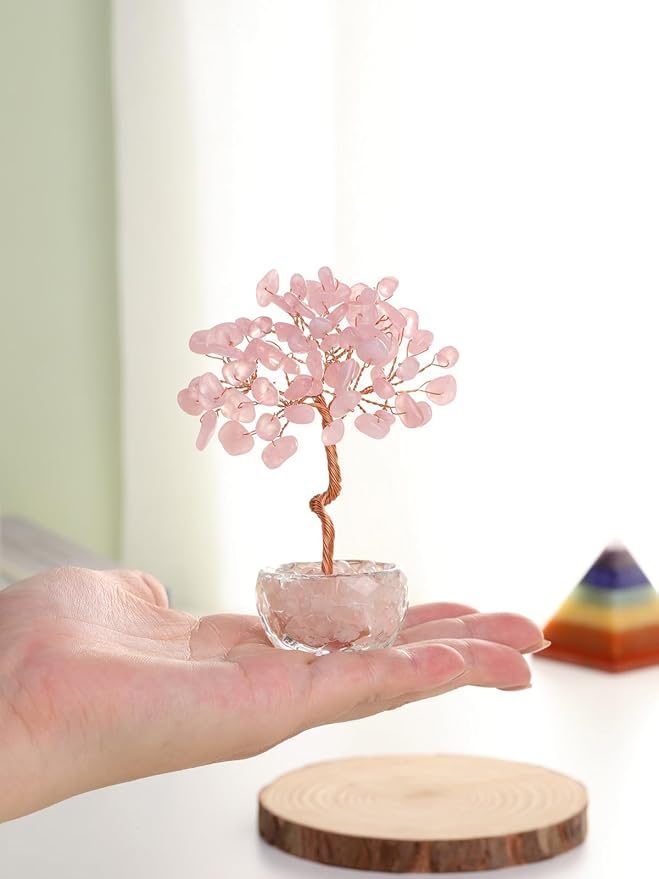 Jovivi Small Rose Quartz Crystal Tree, Natural Crystal Healing Stones Tree Glass Bowl Base Gemstone Money Trees Feng Shui Good Luck Home Desk Decor-VerdiqueGarden