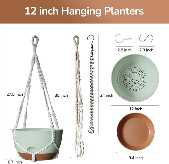 12 Inch Hanging Baskets for Plants Outdoor, Hanging Planters for Indoor Outdoor Plants, Hanging Planter with Self Watering, Hanging Flower Pots (Green Planter with Macrame + Iron Hangers)-VerdiqueGarden