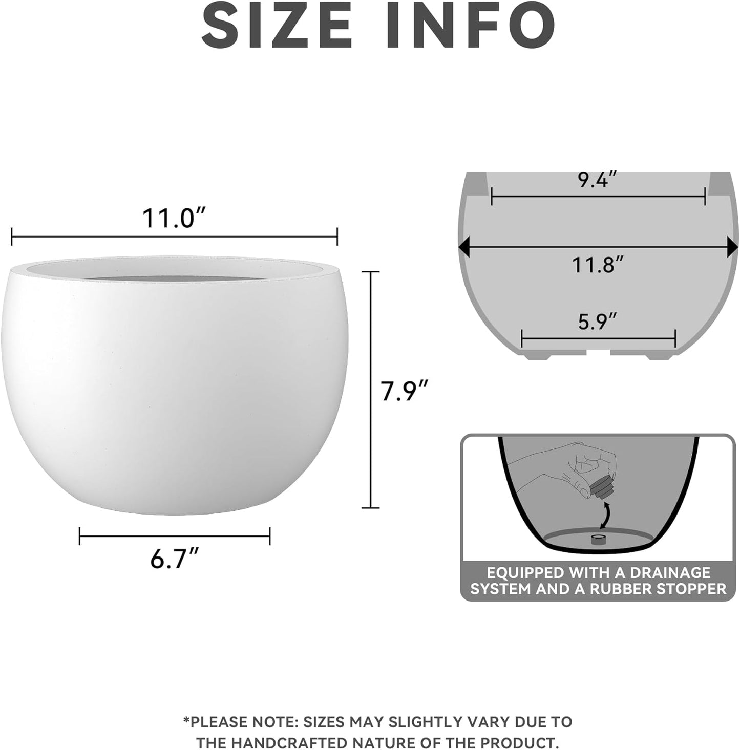 Kante 11.8" Dia Round Concrete Planter, Outdoor/Indoor Large Bowl Plant Pots with Drainage Hole and Rubber Plug for Garden Patio Balcony Home, Pure White-VerdiqueGarden