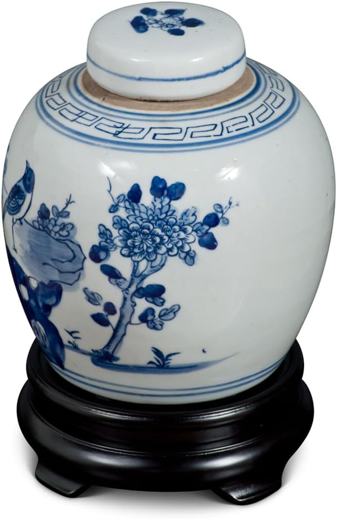 Blue and White Porcelain Bird Flower Motif Chinese Jar-VerdiqueGarden