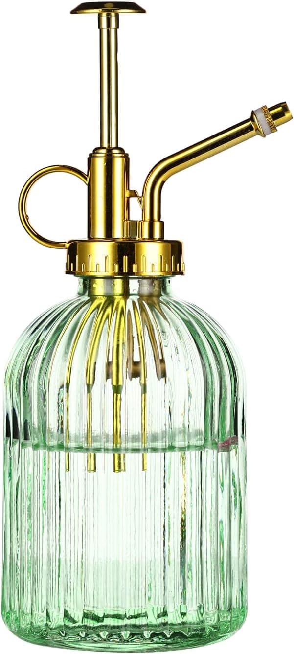 Glass Plant Mister Spray Bottle, 7.5" Green Glass Water Spray Bottle with Gold Top Pump Small Watering Can, Small Plant Sprayer Mister for Indoor Outdoor House,(Green+Gold E)-VerdiqueGarden